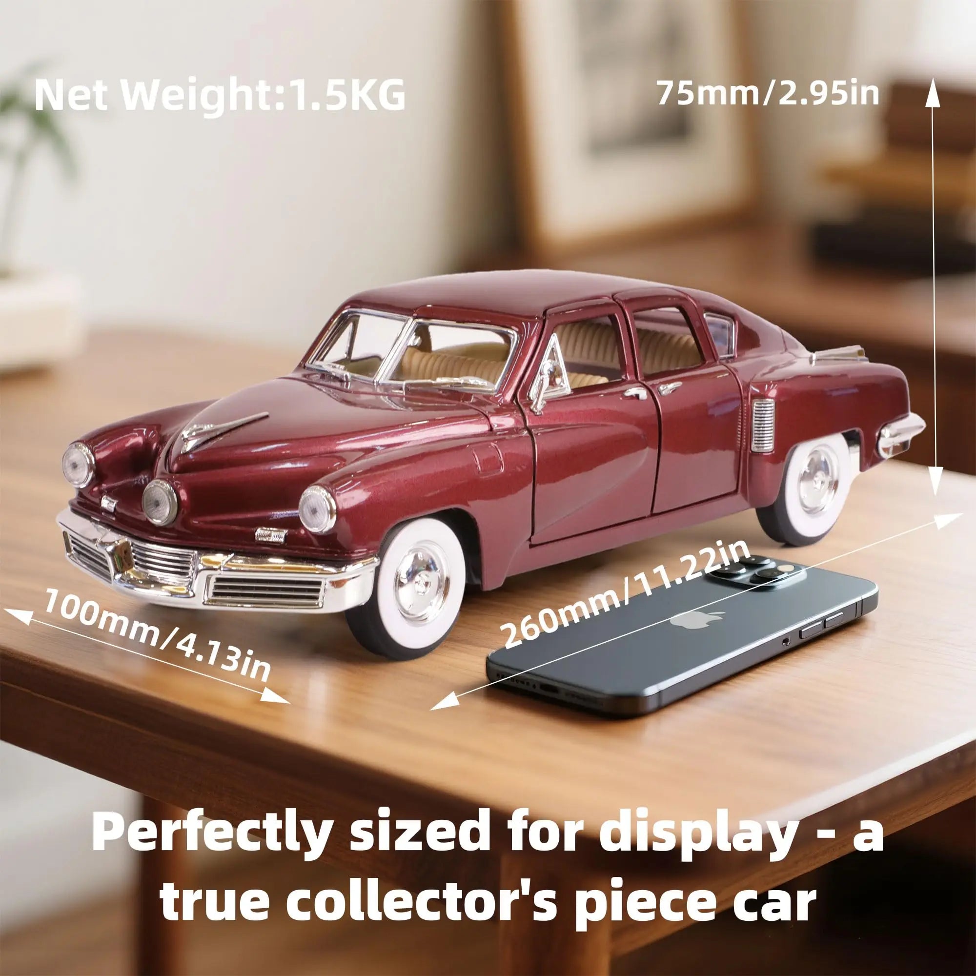 1948 Tucker Torpedo 1/18 Scale Die-Cast Metal Model Premium Classic Vintage Alloy Cars with Display Case, with Opening Doors, Be